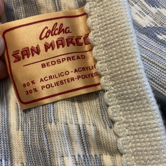 Vintage San Marcos Blanket 96x98 Blue White Bedspread Coverlet Reversible Queen - Picture 9 of 9